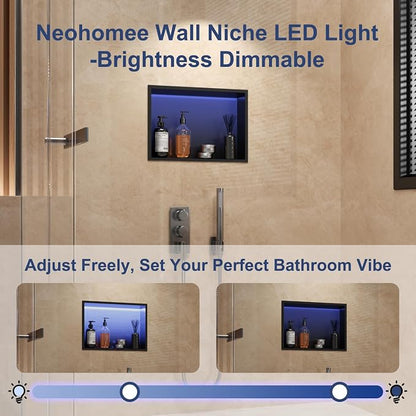 RGB LED Light Shower Niche, Matte Black 18X12 in Stainless Steel Recessed Storage with Remote Control, Waterproof No Tile Needed Wall Niche for Bathroom Storage Built-in Installation