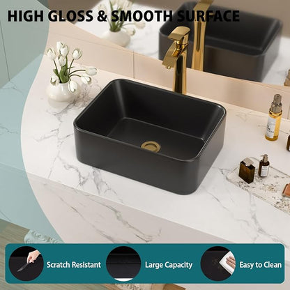 16x12 Black Ceramic Topmount Bathroom Vessel Sink | Black Drop in Top Mount Over Counter Rectangle Bathroom Sink