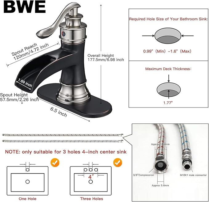 BWE Waterfall Bathroom Faucet Single Hole Oil Rubbed Bronze with Brushed Nickel for Bathroom Sink Farmhouse Single Handle Vanity Faucets Lavatory Mixer Tap