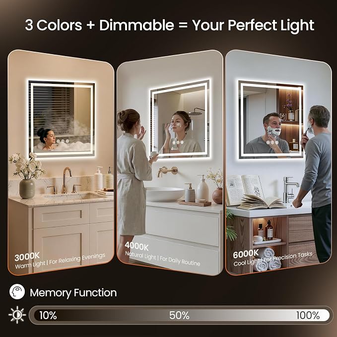 36x36 LED Bathroom Mirror with Anti-Fog, Backlit & Front Lit, Memory | Stepless Dimmable 3 Color CRI 95+ Shatterproof Tempered Glass ETL Listed for Safety Lighted Bathroom Vanity Mirror for Wall