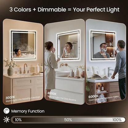 36x36 LED Bathroom Mirror with Anti-Fog, Backlit & Front Lit, Memory | Stepless Dimmable 3 Color CRI 95+ Shatterproof Tempered Glass ETL Listed for Safety Lighted Bathroom Vanity Mirror for Wall