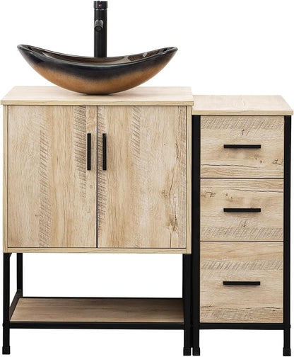UEV 36" Rustic Oak Bathroom Vanity with Sink Combo,Industrial Iron Frame Bathroom Cabinet Sets with 3 Drawers Side Cabinet,Modern Champagne Boat Tempered Glass Vessel Sink(029CH