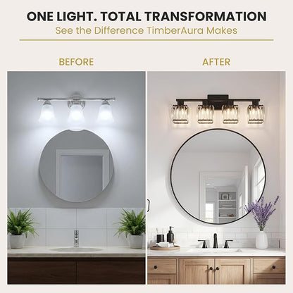 Crystal Bathroom Light Fixtures, 4-Light Matte Black, Vanity Lights for Bathroom Over Mirror, Modern Bath Wall Sconce for Mirror Bedroom Living Room