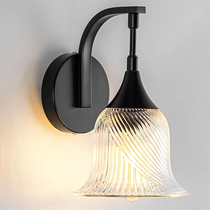 Vintage Black Wall Sconce, 1-Light Modern Wall Lighting Fixture | with 6.6” Textured Glass Shade, Industrial Hardwired Wall Mounted for Dining Living Room Hallway Bedroom Kitchen, E26