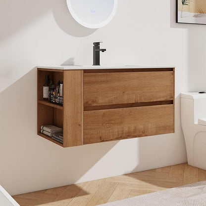 Henf 36" Wall Mounted Bathroom Vanity with Ceramic Sink, Modern Floating Oak Bathroom Vanity Cabinet with 2 Soft Close Drawers & Open Storage Shelf
