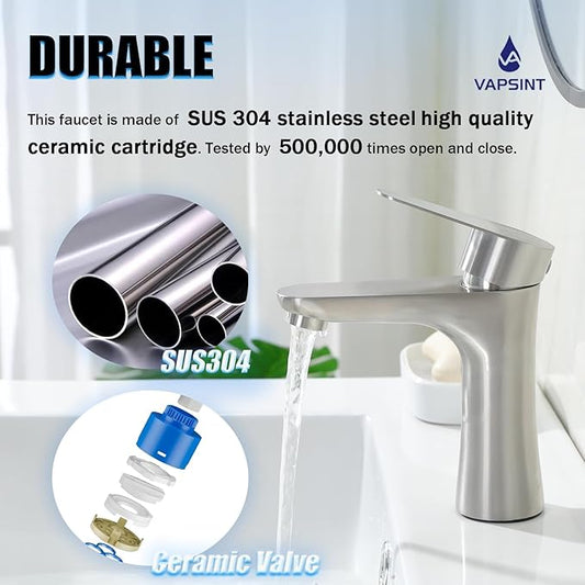 VAPSINT Single Handle Bathroom Faucet, Brushed Nickel Bathroom Sink Faucet 1 Hole, Stainless Steel Small Vanity Faucets Single Hole for Vessel RV with Water Supply Hoses & Pop-up Drain