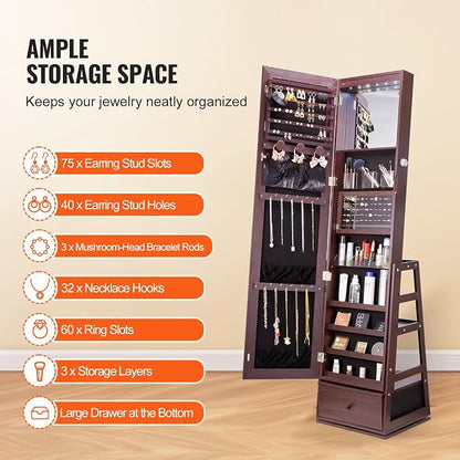 VEVOR 360° Swivel Jewelry Cabinet Armoire, 63-Inch Tall Lockable Jewelry Organizer with Full-Length Mirror, LED Light, Velvet Lining, Drawer, Freestanding, Brown