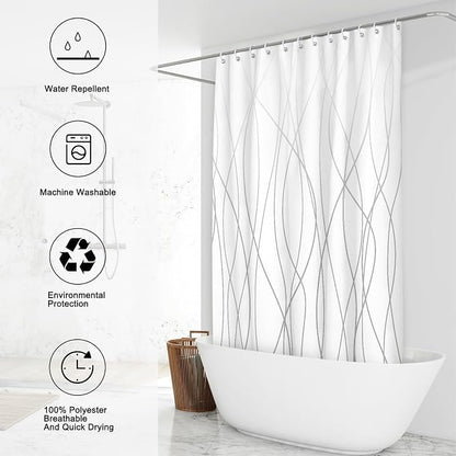 Striped Shower Curtain for Bathroom, Ombre Grey White, 72"W x 72"L | with Hooks, Modern Hotel Style, Water Repellent, Washable, Weighted Hem