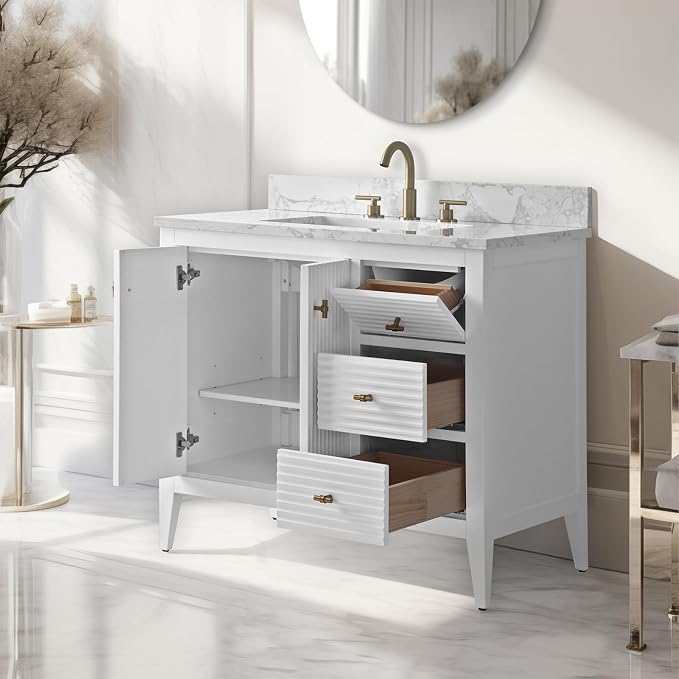 Vanity Art 36 inch Bathroom Vanity with Single Sink & Ceramic Top, Vanity Cabinet with Soft-Closing Door, Solid Wood Frame, Linear Pattern, White, VA9136-W-MB,Matte Black Handles