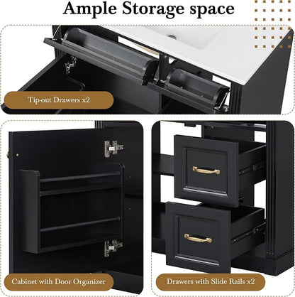 36" Bathroom Vanity with Ceramic Sink,Modern Freestanding Storage Cabinet w/Soft-Close Door and 2 Tip-Out & 2 Drawers,Undermount Single Basin Bath Vanity Set w/Adjustable Shelf,Black