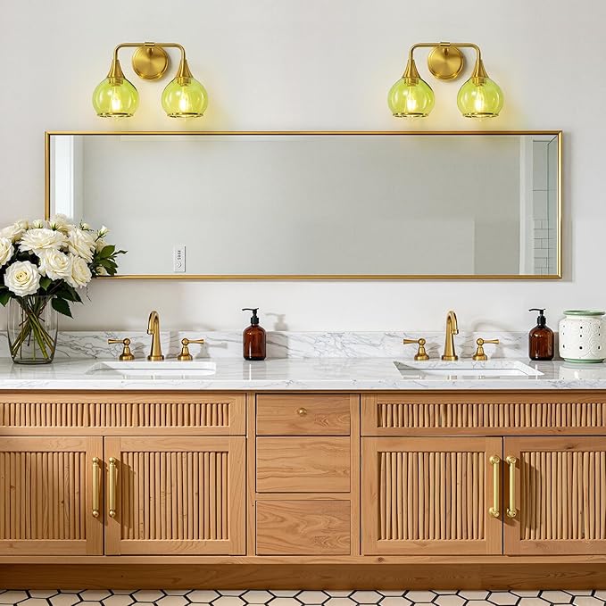 Brushed Gold Bathroom Vanity Light 2-Lights Bathroom Light Fixtures Over Mirror with Green Clear Glass Shade 14 inch Wall Sconce Lighting Bath(Exclude E26 Bulb)