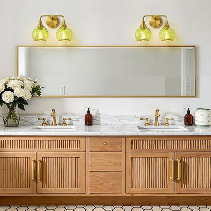 Brushed Gold Bathroom Vanity Light 2-Lights Bathroom Light Fixtures Over Mirror with Green Clear Glass Shade 14 inch Wall Sconce Lighting Bath(Exclude E26 Bulb)