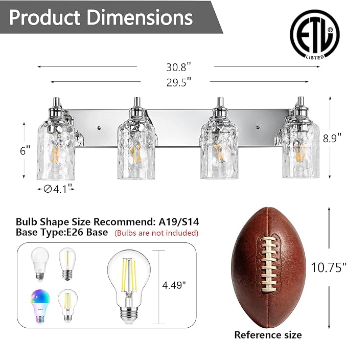 Bathroom Light Fixtures Over Mirror, 4 Lights Vanity Lights with Hammered Glass Shade, 30.8" Chrome Farmhouse Bathroom Light Fixtures for Bedroom, Porch, Hotel, Mirror Cabinet