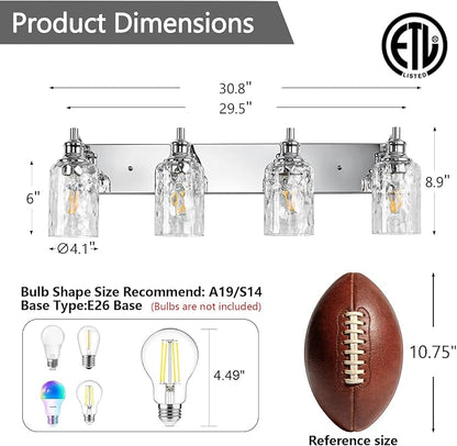 Bathroom Light Fixtures Over Mirror, 4 Lights Vanity Lights with Hammered Glass Shade, 30.8" Chrome Farmhouse Bathroom Light Fixtures for Bedroom, Porch, Hotel, Mirror Cabinet
