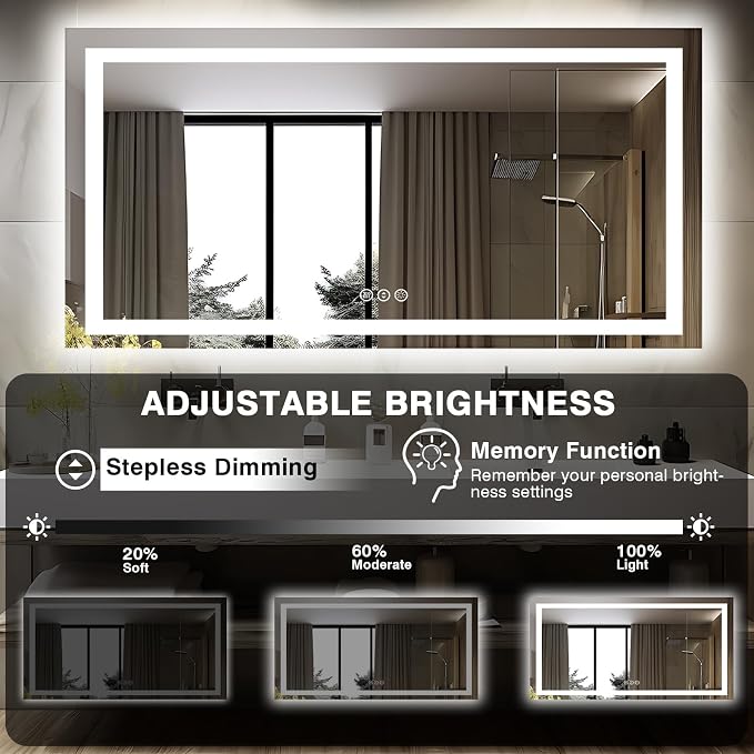 EchosLife 60"x28" LED Bathroom Mirrors for Wall | Backlit + Front Lit, Anti-Fog, Stepless Dimmable, 3 Colors, Memory, Tempered Glass, UL Listed, Horizontal/Vertical
