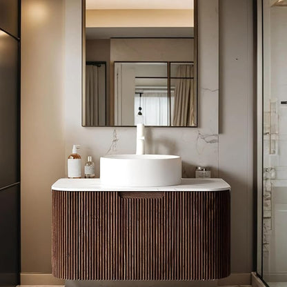 30 inch Floating Bathroom Vanity with Sink, Natural Solid Wood Modern Bathroom Vanities with Ultra-Thin Ceramic Basin and Marble Top, Soft-Close Drawer, Pre-Assembled, Dark Walnut
