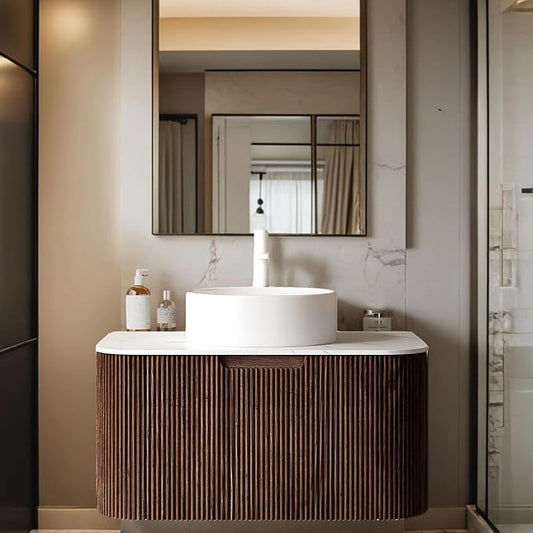 30 inch Floating Bathroom Vanity with Sink, Natural Solid Wood Modern Bathroom Vanities with Ultra-Thin Ceramic Basin and Marble Top, Soft-Close Drawer, Pre-Assembled, Dark Walnut