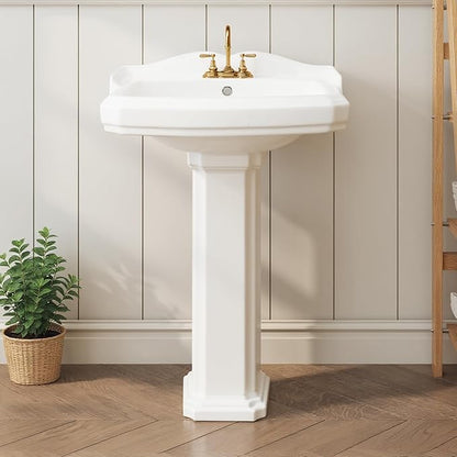 23" W X 19" D Bathroom Pedestal Sink,Vintage White Ceramic Vanity Sink with Overflow and 3 Pre-Drilled Holes - Fits 4-Inch Faucets,Freestanding Restroom Sink Combo for Small Spaces