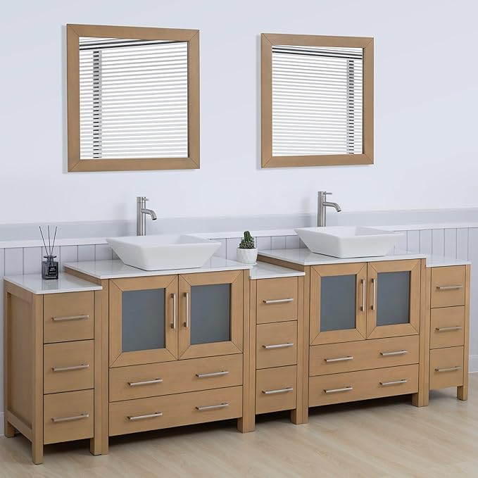 Vanity Art 96 Inch Vessel Double Sink Bathroom Vanity Cabinet with 2 Mirrors, Engineered Marble Top Bathroom Cabinet Compact Set with 13 Dovetail Drawers and Soft Closing Doors, VA3130-96NO