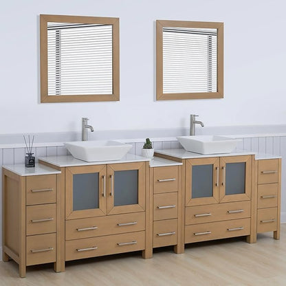 Vanity Art 96 Inch Vessel Double Sink Bathroom Vanity Cabinet with 2 Mirrors, Engineered Marble Top Bathroom Cabinet Compact Set with 13 Dovetail Drawers and Soft Closing Doors, VA3130-96NO