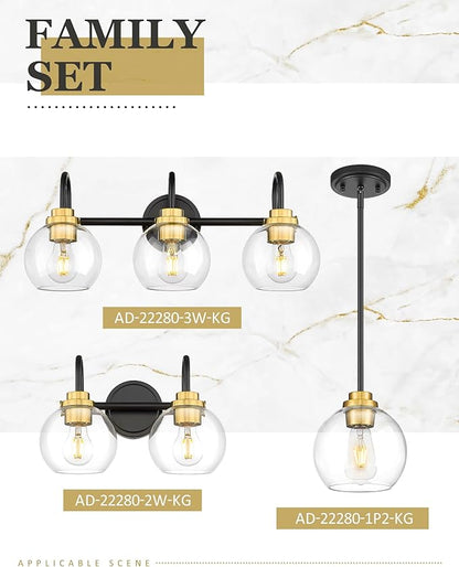 Bathroom Light Fixtures, 3-Light Black and Gold Vanity Lights with Globe Clear Glass, Modern Vanity Lighting Fixtures Over Mirror, AD-22280-3W-KG
