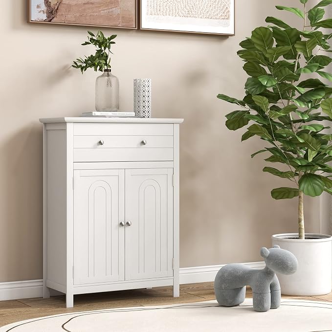 Giantex Bathroom Storage Cabinet with Drawer - Floor Cabinet with Doors, Adjustable Shelf, Storage Organizer for Entryway, Laundry Room, Kitchen, Living Room, Freestanding Cupboard (White)