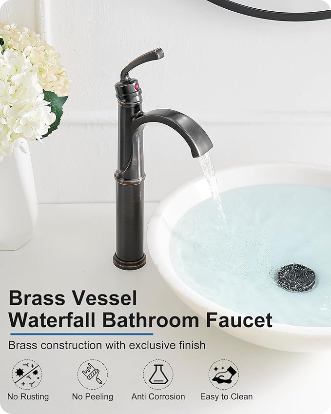 Waterfall Vessel Sink Faucet Oil Rubbed Bronze, Brass Tall Bathroom Faucet with Pop-up Drain, cUPC Supply Hoses, Single Handle for Vanity, Farmhouse, 1 Hole Vessel Sink, 5 Mins Quick Install