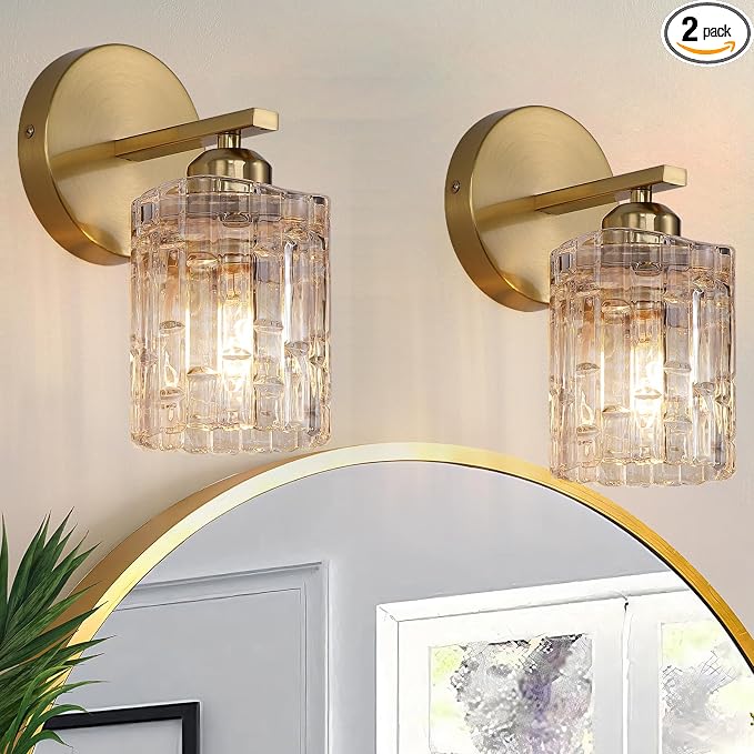 2-Pack 1-Light Modern Matte Black Crystal Wall Sconces, Hardwired Indoor Bathroom Vanity Light Fixtures, Crystal Over Mirror Lamps for Living Room, Bedroom, Hallway