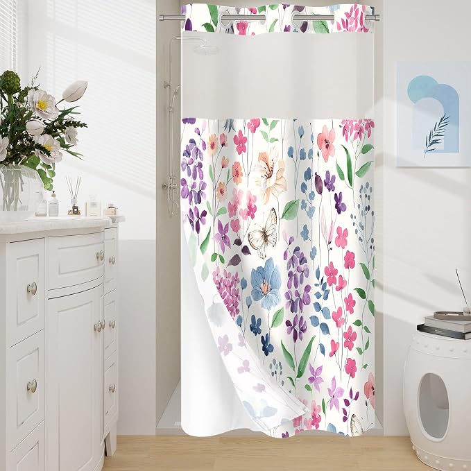 No Hook Colorful Watercolor Floral Shower Curtain and Liner Set, 36x74 | Spring Flower Shower Curtains with Snap-in Liner for Farmhouse Bathroom Decor, Botanical Bathroom Curtain with Leaves