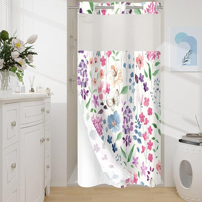 No Hook Colorful Watercolor Floral Shower Curtain and Liner Set, 36x74 | Spring Flower Shower Curtains with Snap-in Liner for Farmhouse Bathroom Decor, Botanical Bathroom Curtain with Leaves