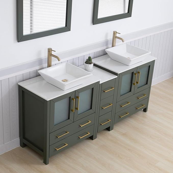 Vanity Art 72 Inch Vessel Double Sink Bathroom Vanity Cabinet with 2 Mirrors, Engineered Marble Top Bathroom Cabinet Compact Set with 7 Dovetail Drawers and Soft Closing Doors, VA3130-72VG