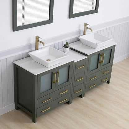 Vanity Art 72 Inch Vessel Double Sink Bathroom Vanity Cabinet with 2 Mirrors, Engineered Marble Top Bathroom Cabinet Compact Set with 7 Dovetail Drawers and Soft Closing Doors, VA3130-72VG