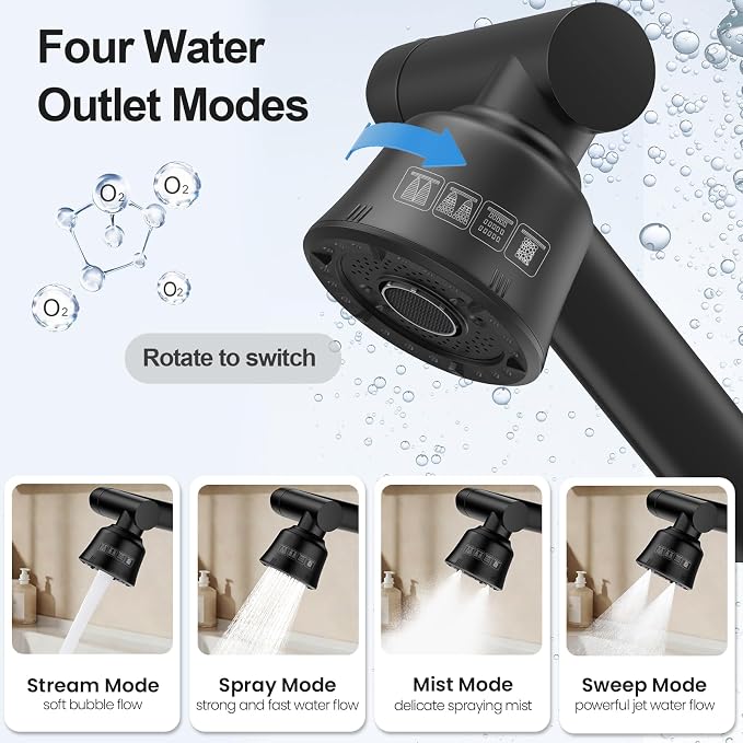 Stainless Steel Bathroom Sink Faucet, 1080° Rotatable, Matte Black | Fit 1 Hole Sink, 4 Water Outlet Modes, Three-stage Rotating Design, Flexible Adjustment, Anti-Rust, No Leakage, Single Handle