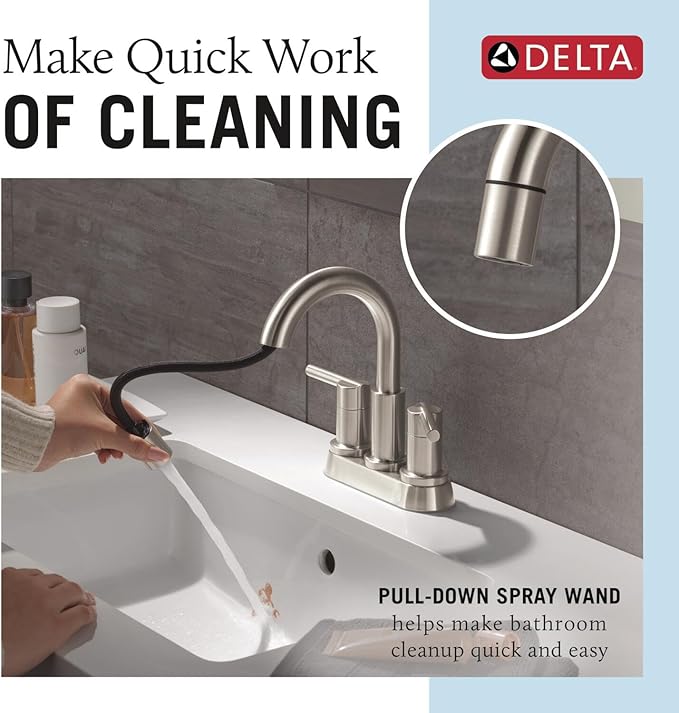 Delta Nicoli Centerset Brushed Nickel Bathroom Faucet with Sprayer, 4 Inch 3 Hole Bathroom Sink Faucet with Pull Out Sprayer, Push-Pop Drain, Stainless 25749LF-SSPD