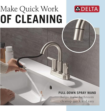 Delta Nicoli Centerset Brushed Nickel Bathroom Faucet with Sprayer, 4 Inch 3 Hole Bathroom Sink Faucet with Pull Out Sprayer, Push-Pop Drain, Stainless 25749LF-SSPD