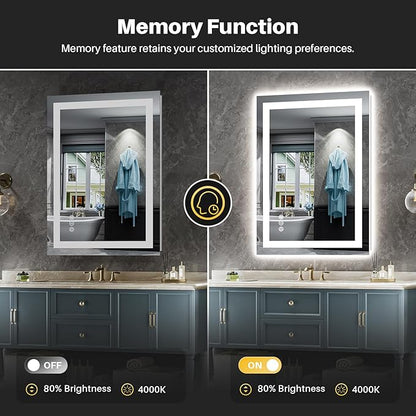 24x32 Inch LED Bathroom Mirror with Lights, Backlit & Front Lit, Anti-Fog Lighted Bathroom Vanity Mirror for Wall, Memory Function, Dimmable, HD Tempered Glass, Shatter-Proof