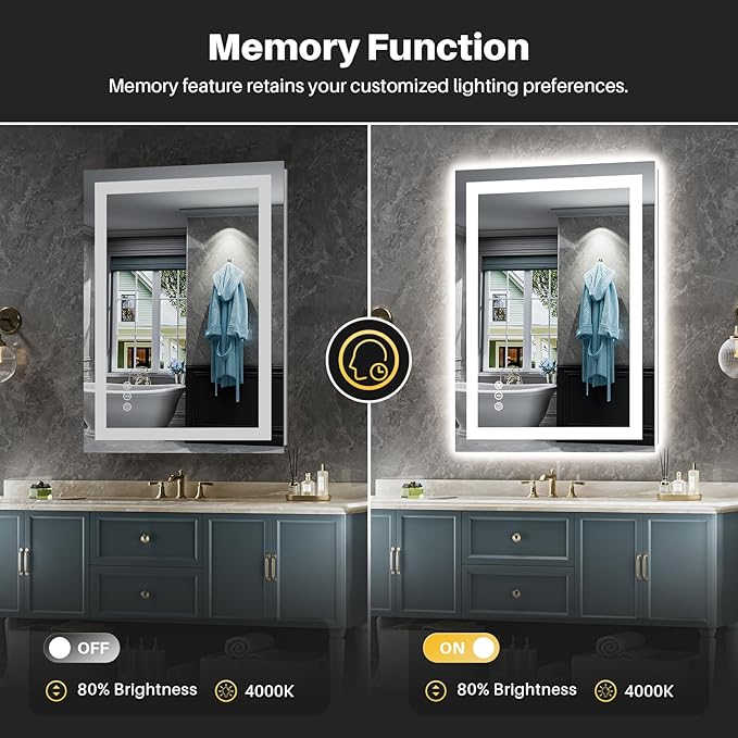 24x30 Inch LED Bathroom Mirror with Lights, Backlit & Front Lit, Anti-Fog Lighted Bathroom Vanity Mirror for Wall, Memory Function, Dimmable, HD Tempered Glass, Shatter-Proof