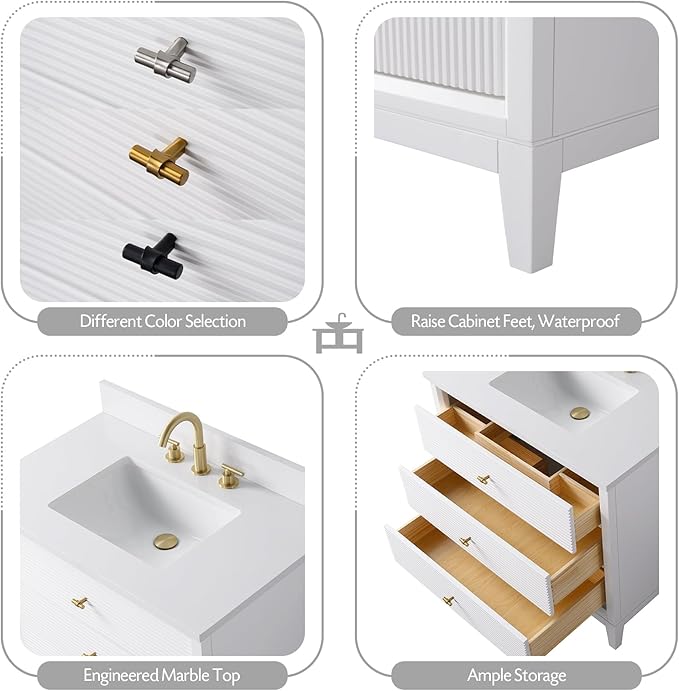 Vanity Art 36" Bathroom Vanity with Single Sink & Arabescato White Engineered Stone Top, Vanity Cabinet with Soft Closing Door, Solid Wood Frame, Golden Brushed Handles, White VA8136-W-GB