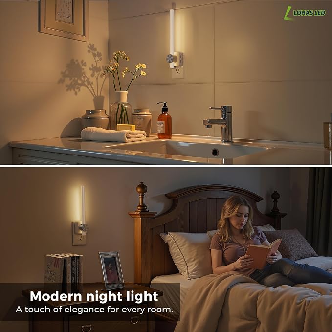 L LOHAS LED Night Light, Night Lights Plug into Wall, Bathroom Night Light | 0-200LM, Dusk to Dawn Sensor 2W Dimmable Nightlights, Soft White 3000K, Modern Nightlight for Adults Mirror Restroom, 1 Pack