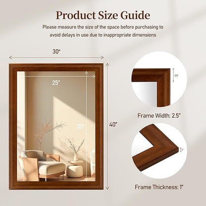 30 x 40 Inch Rustic Bathroom Mirror for Wall Over Sink, Farmhouse Wood Framed Brown Rectangle Mirrors with Tempered Glass for Living Room, Horizontal/Vertical Hanging