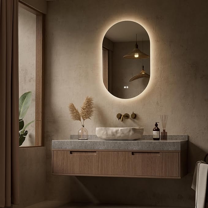 Keonjinn 20 x 32 Inch Oval LED Mirror with Backlight, Pill-Shaped Backlit Mirror Bathroom with HD Tempered Glass, UL-Listed LED Driver, 3 Color Lights, Safe Defogging, Dimmable, Decorative Mirrors