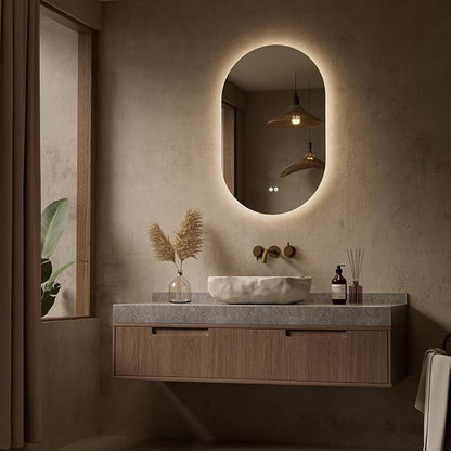 Keonjinn 20 x 32 Inch Oval LED Mirror with Backlight, Pill-Shaped Backlit Mirror Bathroom with HD Tempered Glass, UL-Listed LED Driver, 3 Color Lights, Safe Defogging, Dimmable, Decorative Mirrors