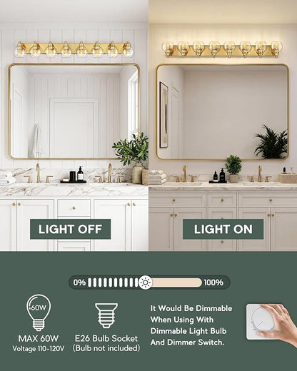 Bathroom Light Fixtures, 8 Light Brushed Gold Vanity Light, 52 Inch Modern Wall Sconces with Globe Clear Glass Shade, Vanity Lighting Fixtures Over Mirror, VL195-BG-8