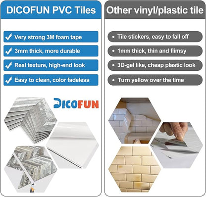 DICOFUN 10-Sheet Herringbone Peel and Stick Backsplash for Kitchen, Distressed Wood Wood Look PVC Mixed Metal Chevron Stick on Backsplash Wall Tiles