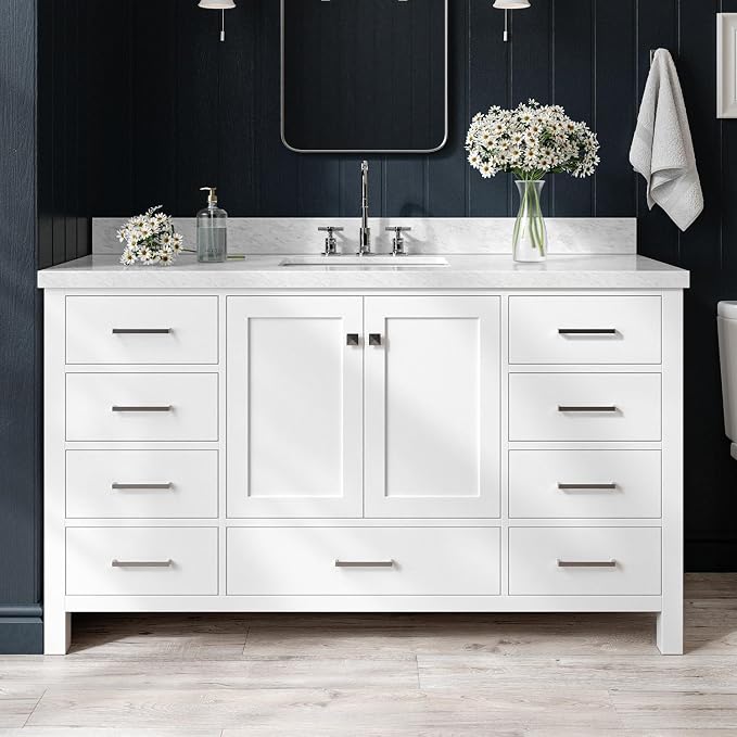 ARIEL Cambridge 60-inch Bathroom Vanity with Sink,Solid Wood, 1.5-inch Italian Carrara Marble Countertop, Single Rectangular Porcelain Sink, 2 Soft Closing Doors, 9 Dovetail Drawers, White