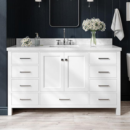 ARIEL Cambridge 60-inch Bathroom Vanity with Sink,Solid Wood, 1.5-inch Italian Carrara Marble Countertop, Single Rectangular Porcelain Sink, 2 Soft Closing Doors, 9 Dovetail Drawers, White