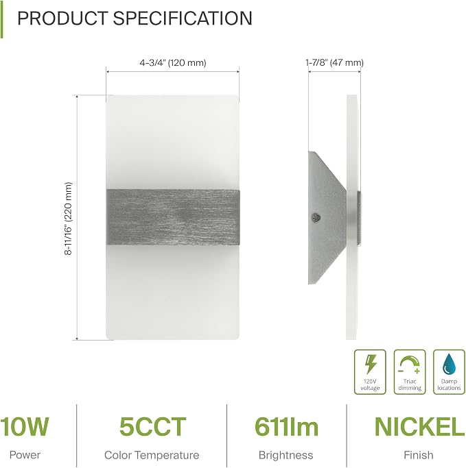 ASD 8 Inch Indoor LED Wall Sconce - 10W 2700K-5000K Dimmable Brushed Nickel Wall Sconce Lights for Living Room, Bedroom, Bathroom, Hallway - Modern Wall Sconces Hardwired, ETL Interior Light, Set of 2