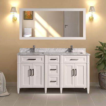 Vanity Art 60 Inch Double Sink Bathroom Vanity with Mirror | Carrara Marble Stone Top Storage Bathroom Organizer Cabinet with Dovetailed Drawer, Soft Closing Doors, Brushed Nickel Handles, VA2060-DW