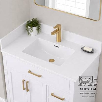 31" Bathroom Vanity Top with Integrated Sink – Solid Surface Resin Streamline Countertop, Single Faucet Hole, Built-in Overflow, Easy-to-Clean Matte White Finish, 31" W x 22" D