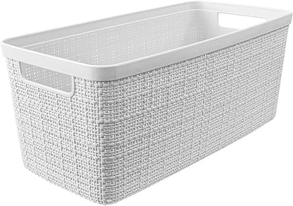 Curver Set of 8 Slim 6.8L Jute Decorative Plastic Organization and Storage Baskets - Perfect Bins for Home Office, Closet Shelves, Kitchen Pantry and All Bedroom Essentials, White